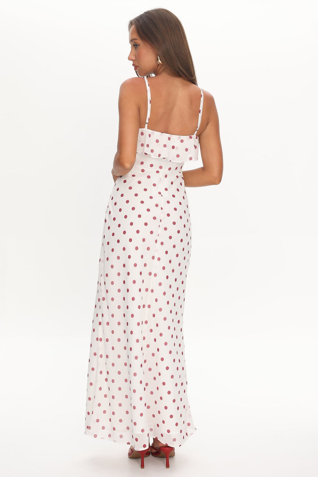 Bellissa Ruffle Bust Maxi Dress Polka Dot Red