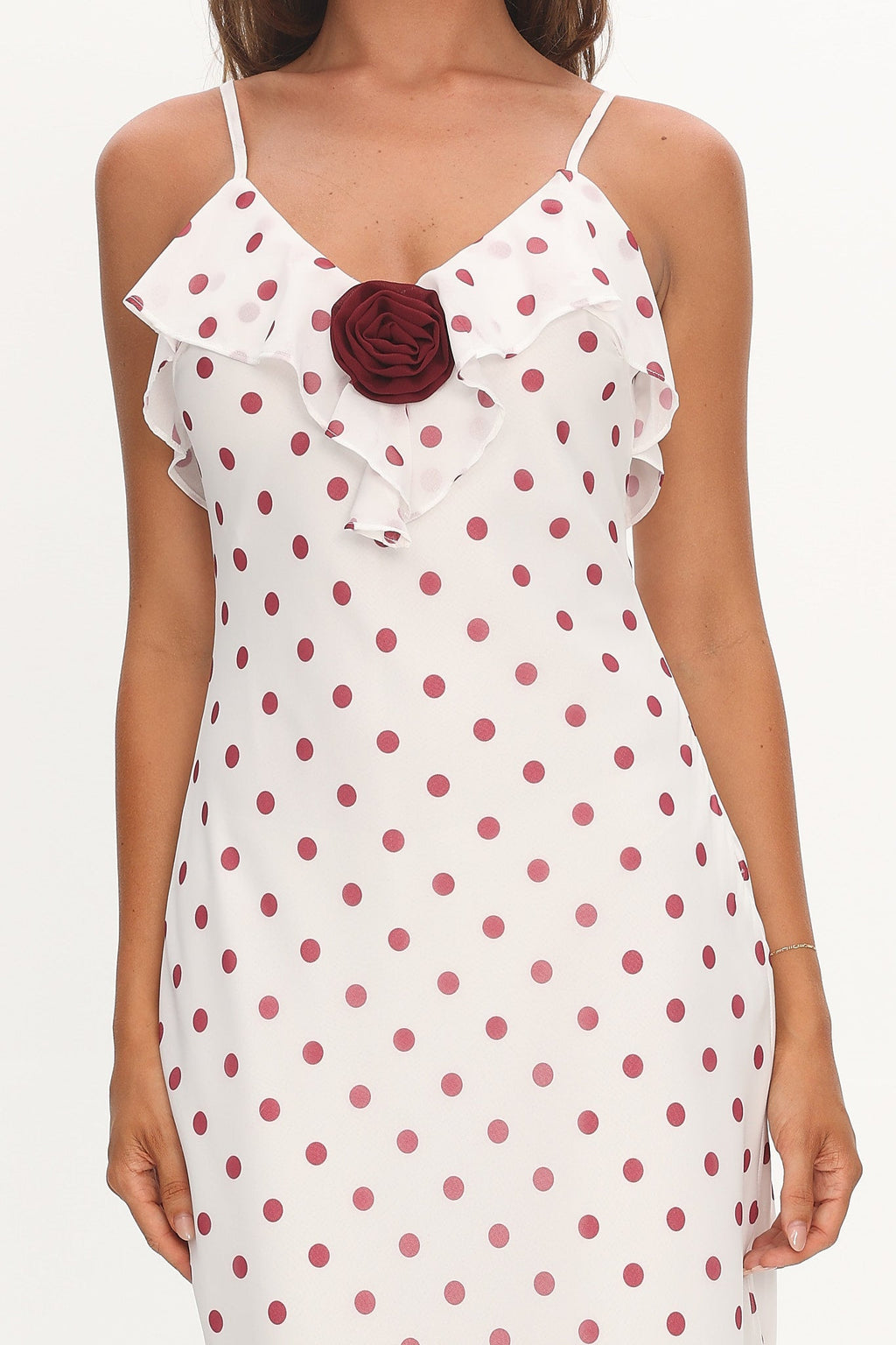 Bellissa Ruffle Bust Maxi Dress Polka Dot Red