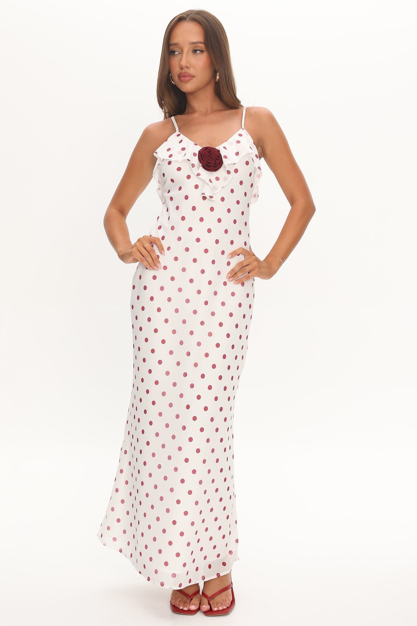 Bellissa Ruffle Bust Maxi Dress Polka Dot Red