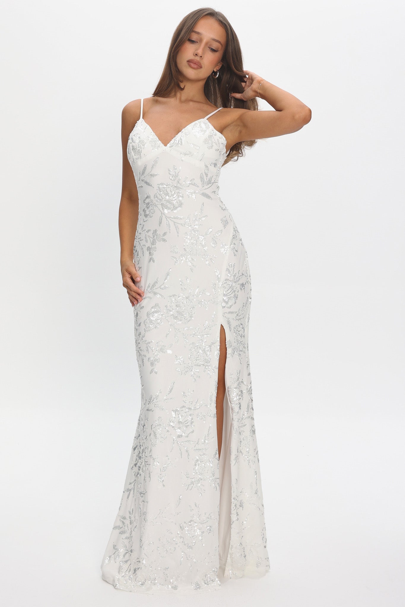 Anjelique Side Slit Maxi Dress Sequin White