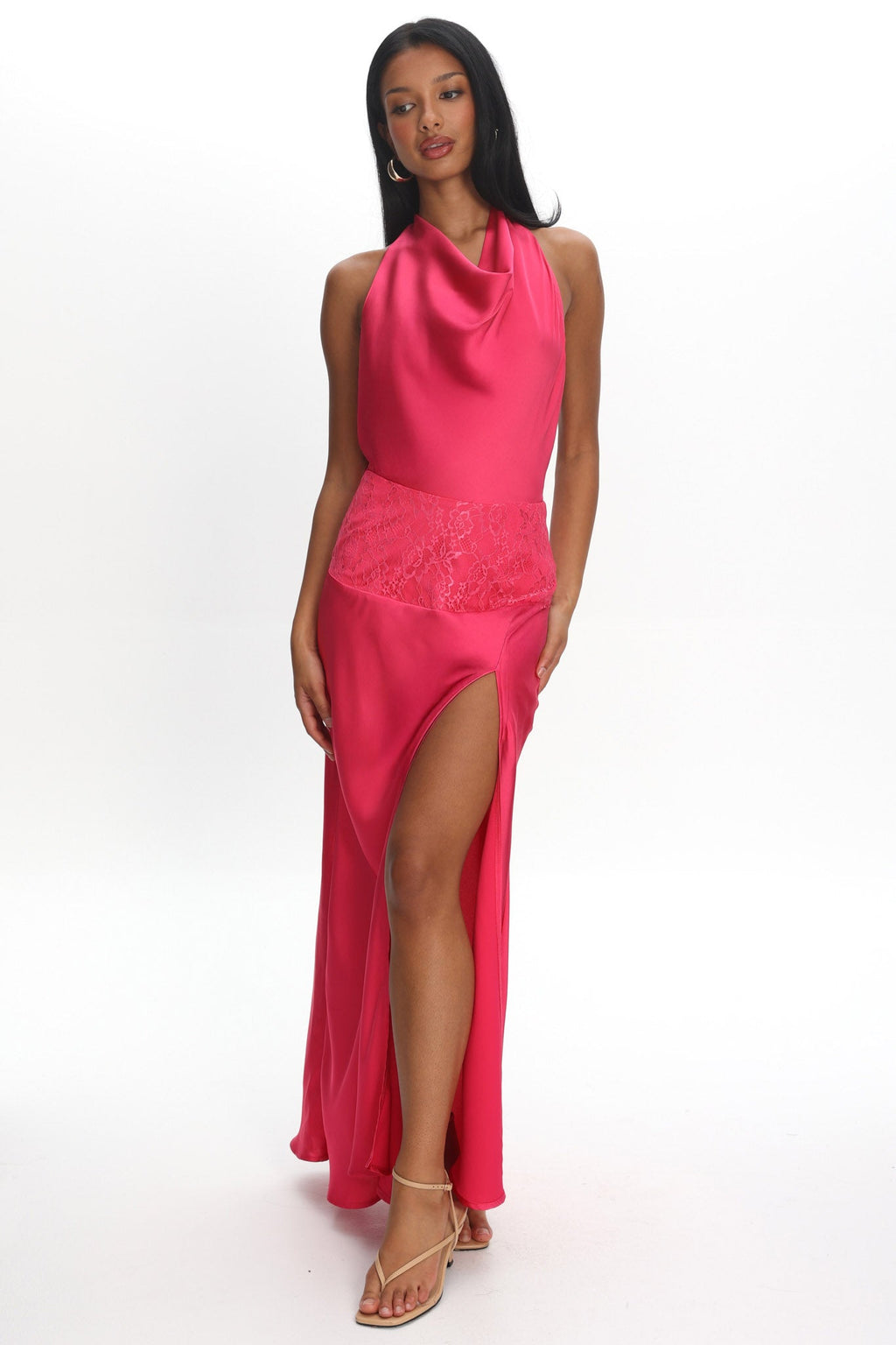 Renara Lace Waist Halter Maxi Dress Pink