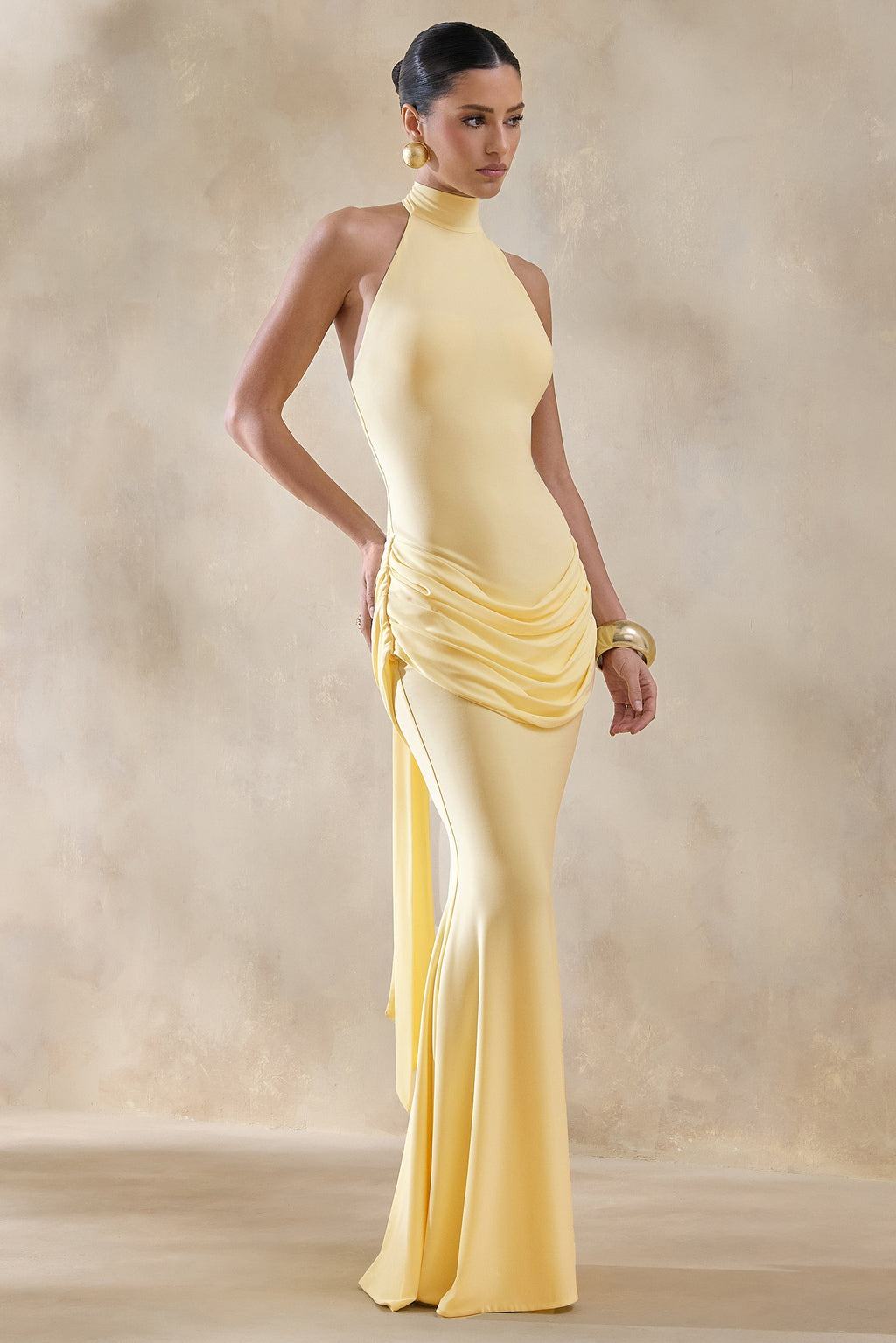 Daisy | Lemon Halter-Neck Maxi Dress With Draped-Detailing