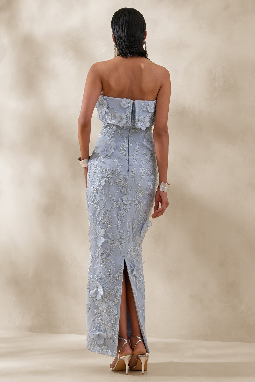Misha | Light Blue 3D Floral Bandeau Maxi Dress