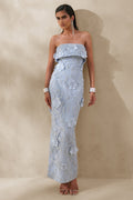 Misha | Light Blue 3D Floral Bandeau Maxi Dress