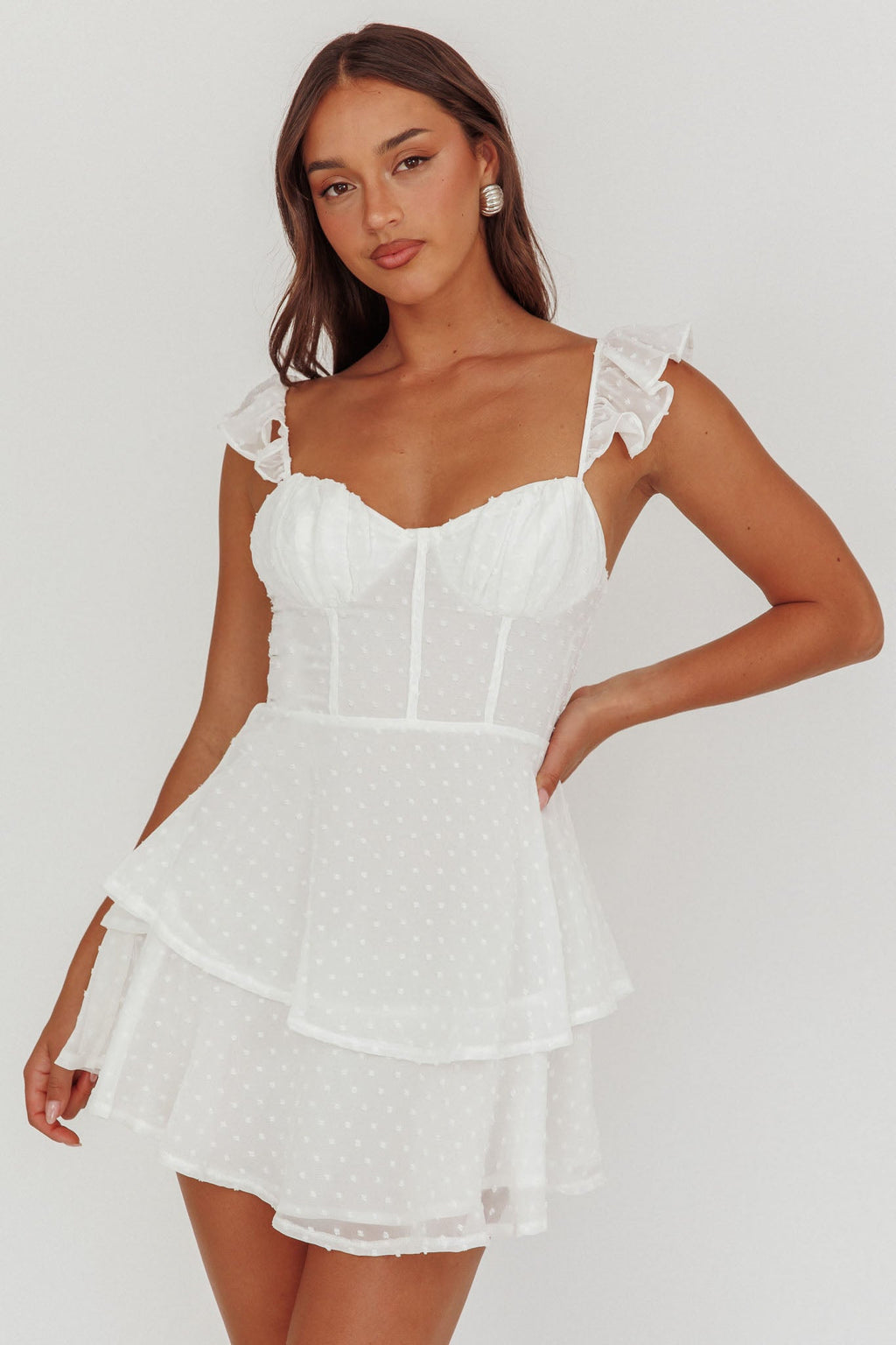 Theory Sweetheart Neckline Frill Strap Mini Dress Textured White