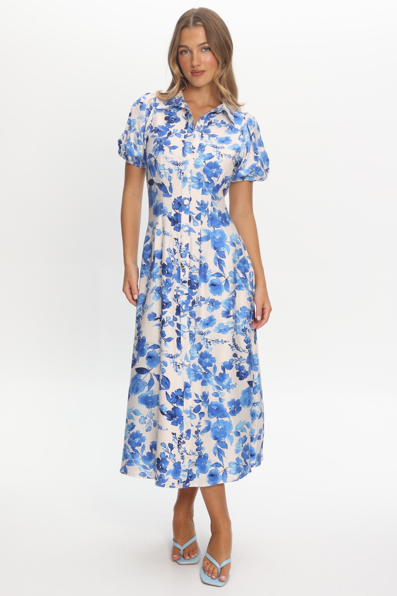 Kyrah Puff Sleeve Midi Dress Floral White