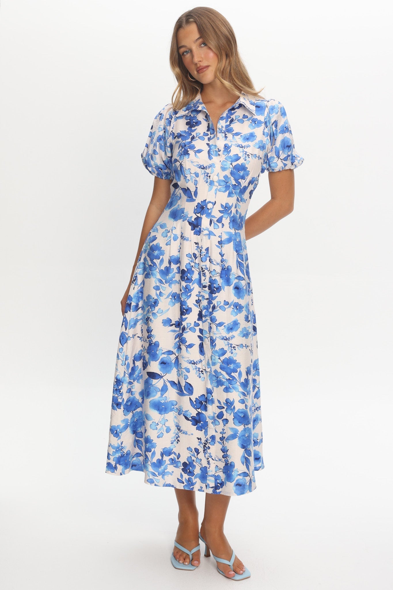 Kyrah Puff Sleeve Midi Dress Floral White