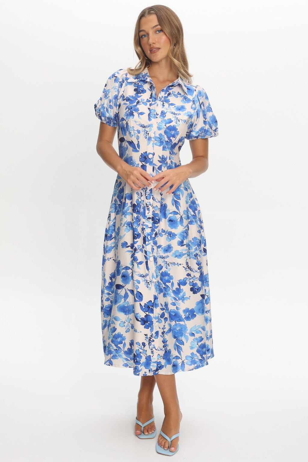 Kyrah Puff Sleeve Midi Dress Floral White