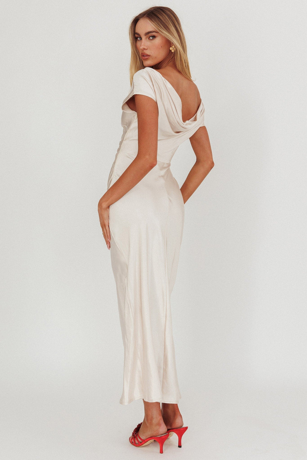 Loveland Cap Sleeve Cowl Back Midi Dress Champagne