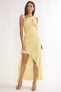 Arrabel Asymmetric Hem Ruffle Maxi Dress Lemon