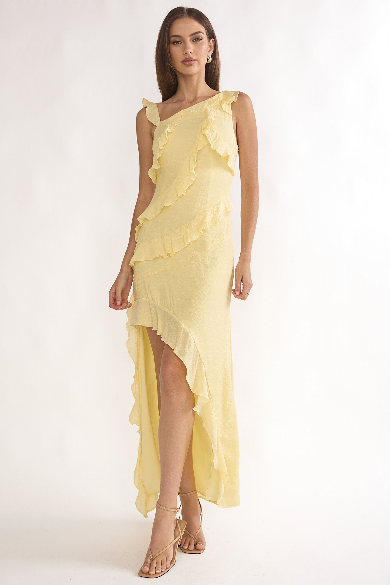 Arrabel Asymmetric Hem Ruffle Maxi Dress Lemon