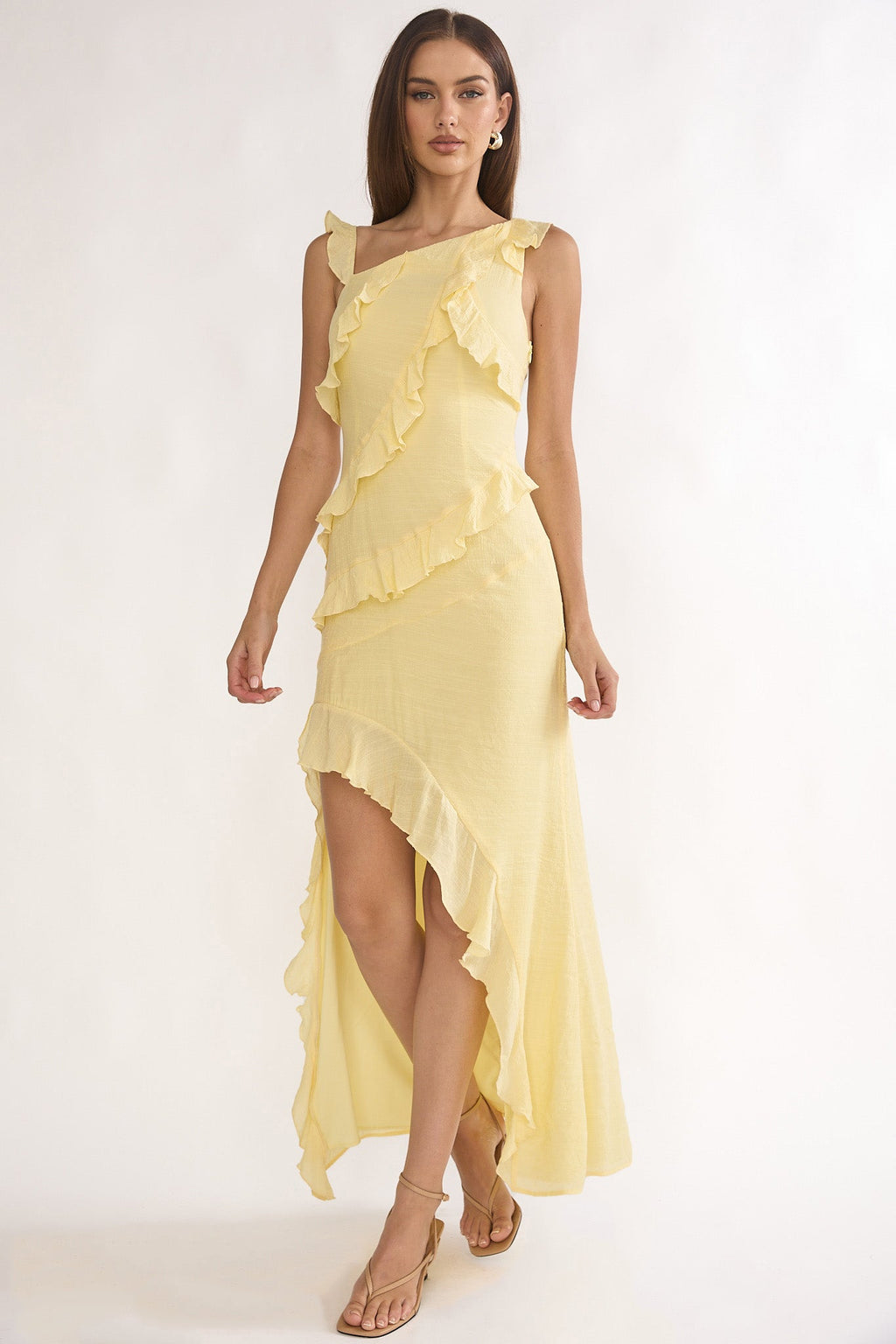 Arrabel Asymmetric Hem Ruffle Maxi Dress Lemon