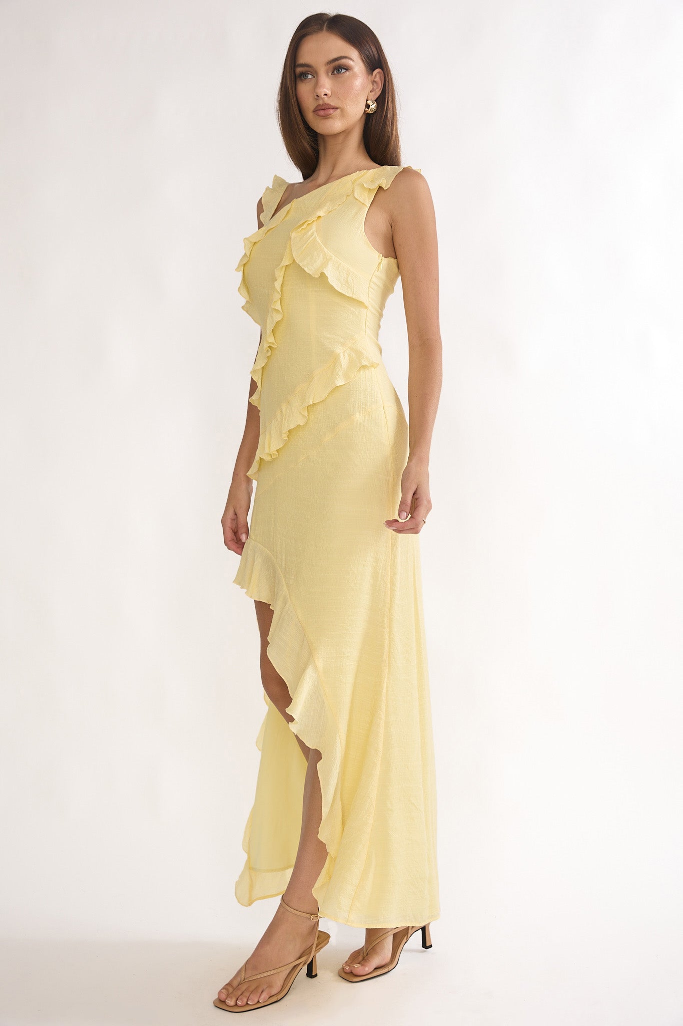 Arrabel Asymmetric Hem Ruffle Maxi Dress Lemon