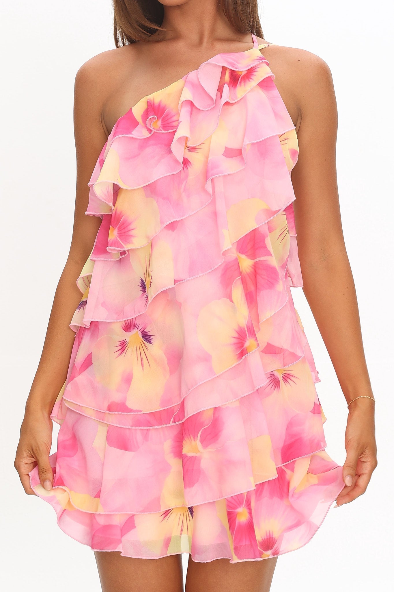 Arrabel Ruffle Trim One-Shoulder Mini Dress Floral Pink