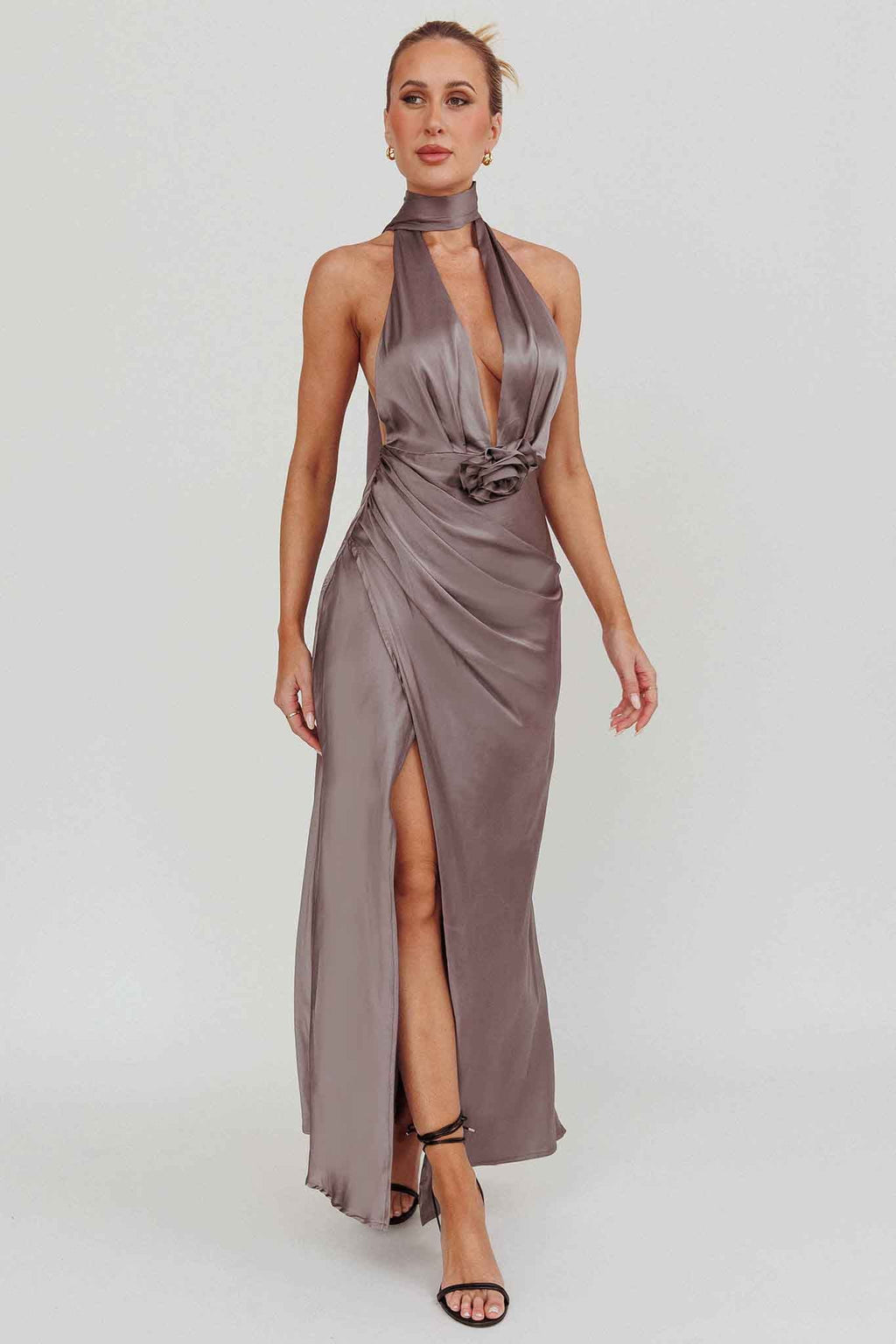 Italia Azure Halterneck Rosette Maxi Dress Grey
