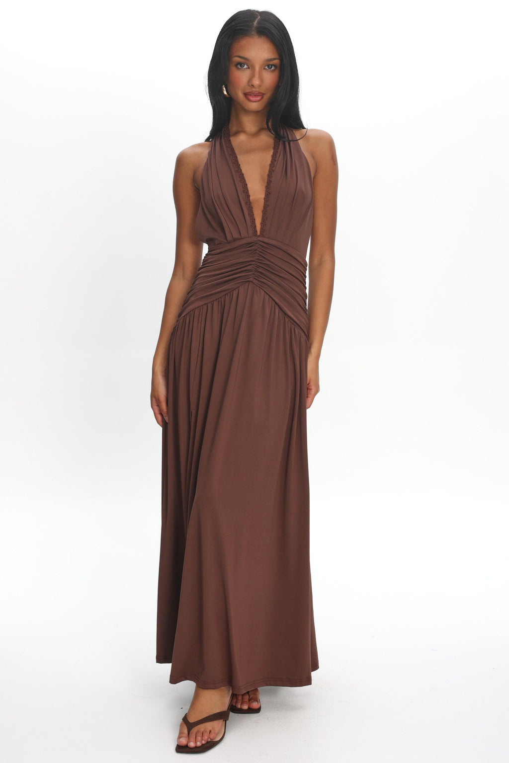 Tanya Halterneck Ruched Maxi Dress Chocolate