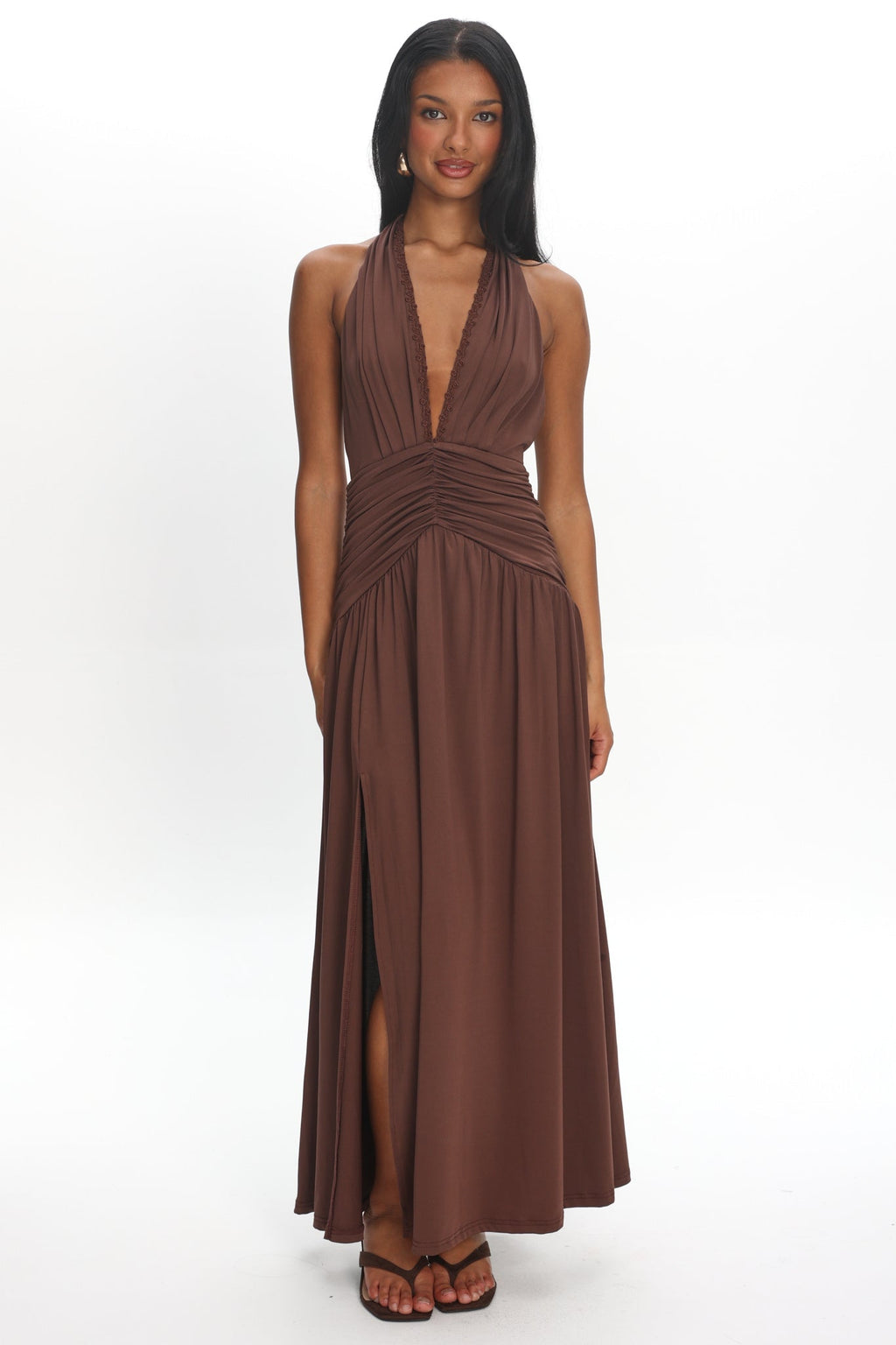 Tanya Halterneck Ruched Maxi Dress Chocolate