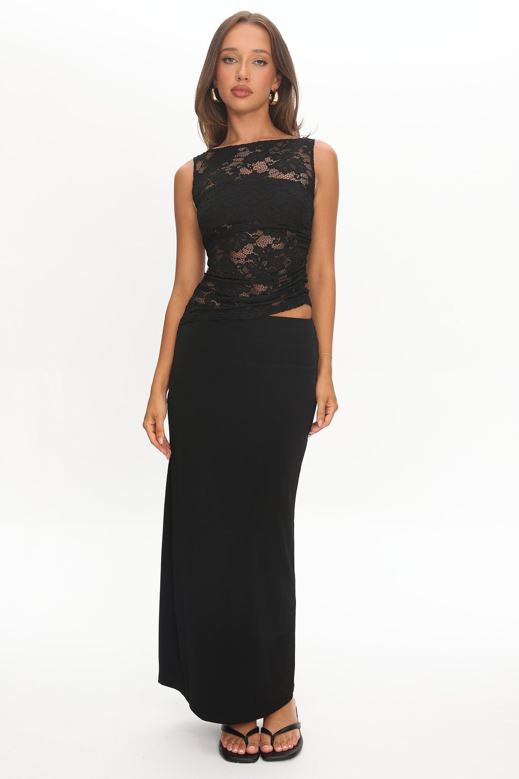 Lorely Ruched Lace Bodice Maxi Dress Black