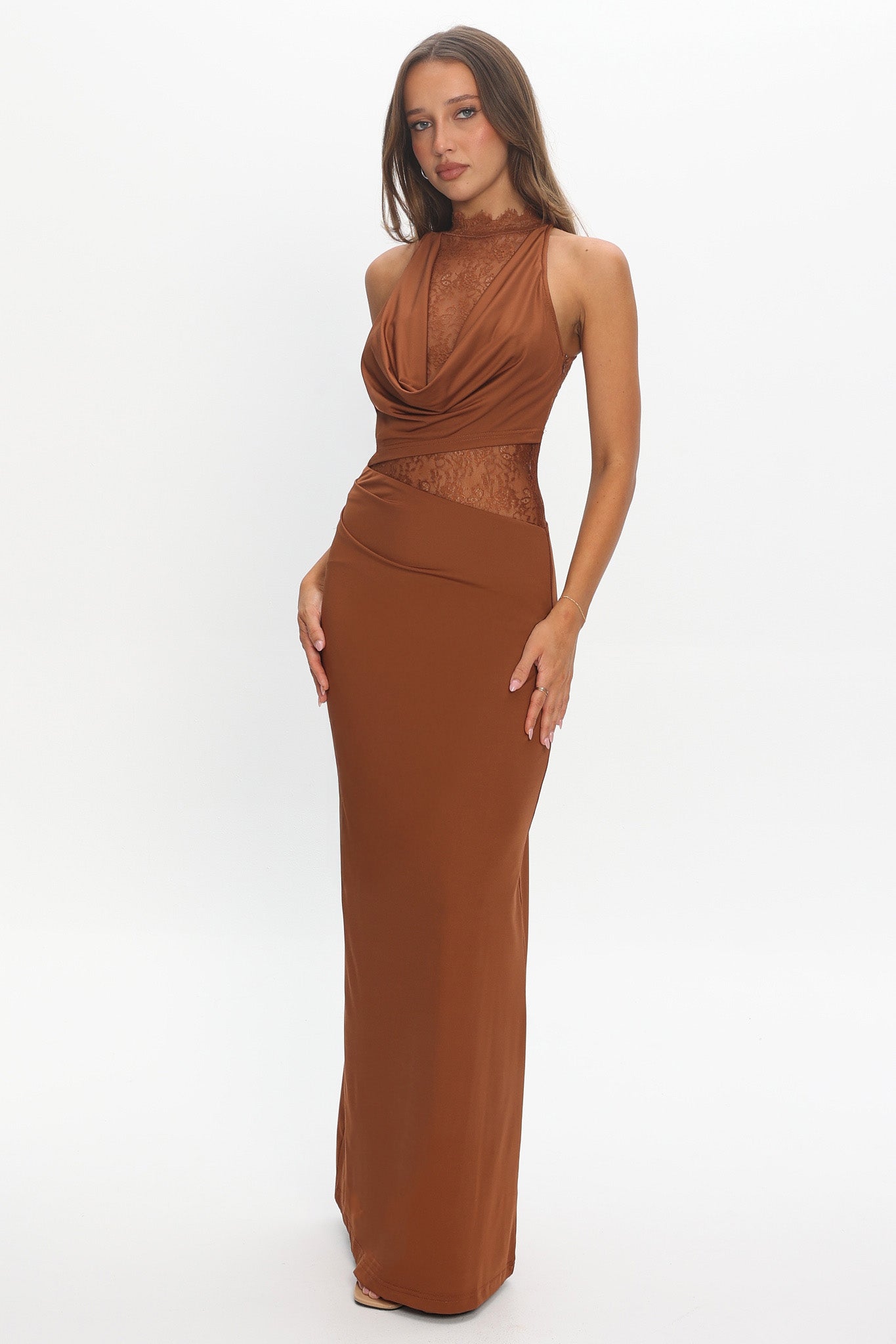 Lorely Lace Bodice Cowl Maxi Dress Chocolate
