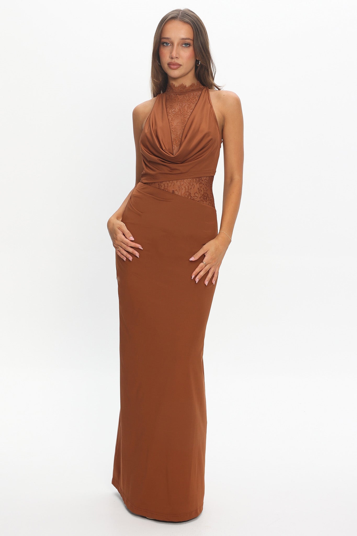 Lorely Lace Bodice Cowl Maxi Dress Chocolate