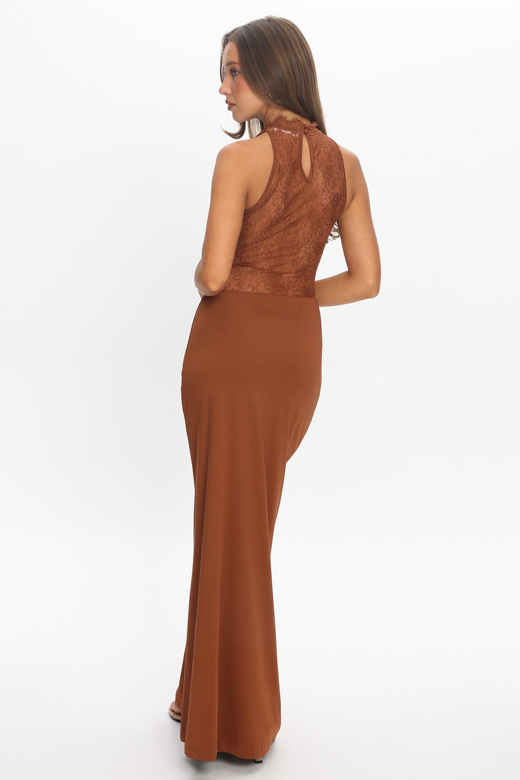 Lorely Lace Bodice Cowl Maxi Dress Chocolate