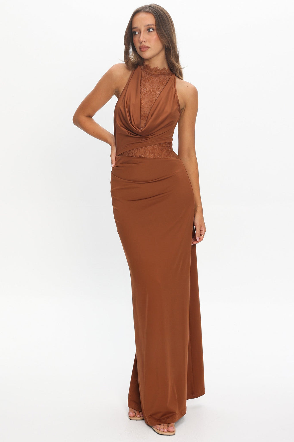 Lorely Lace Bodice Cowl Maxi Dress Chocolate