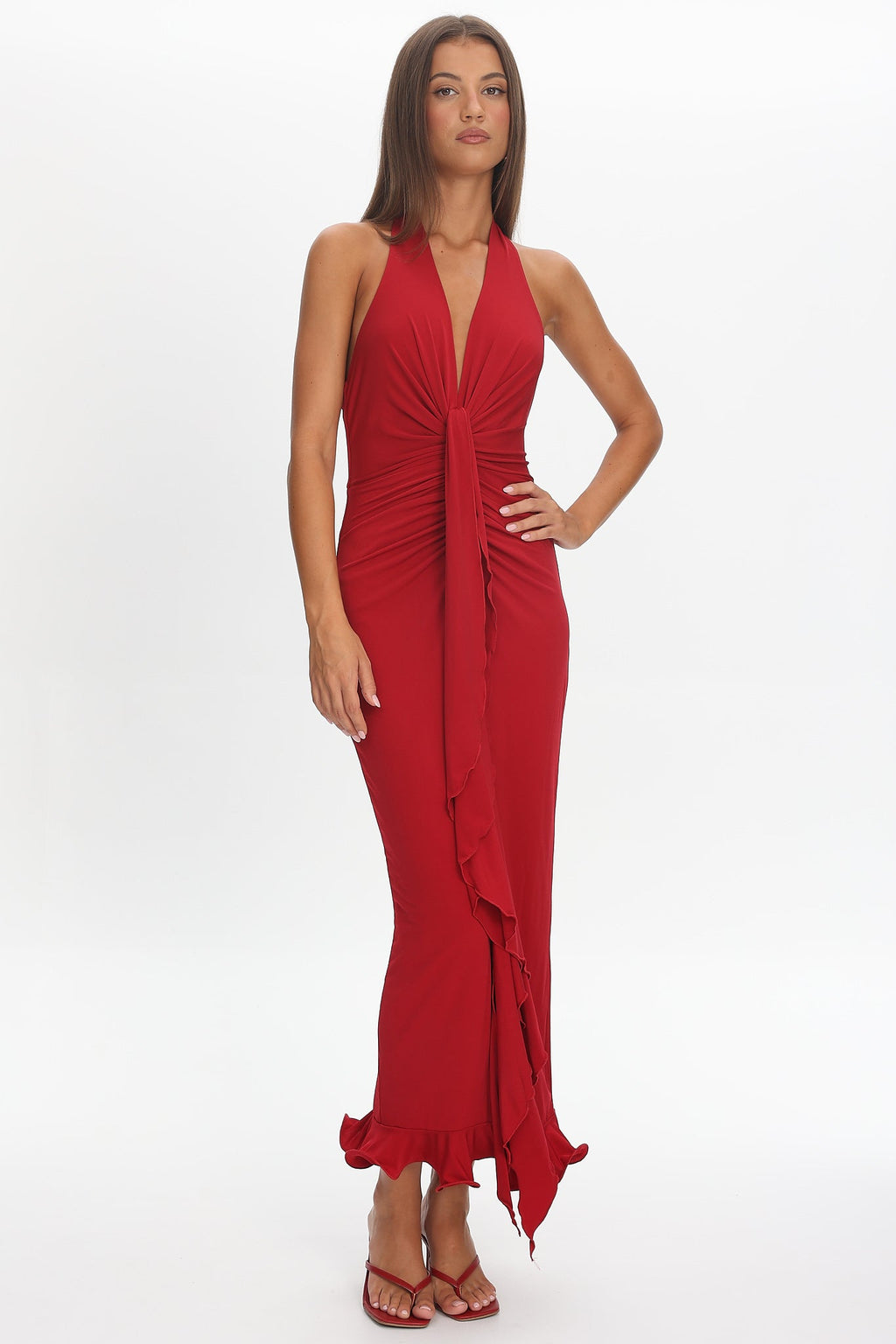 Ray Of Light Ruched Halterneck Maxi Dress Wine