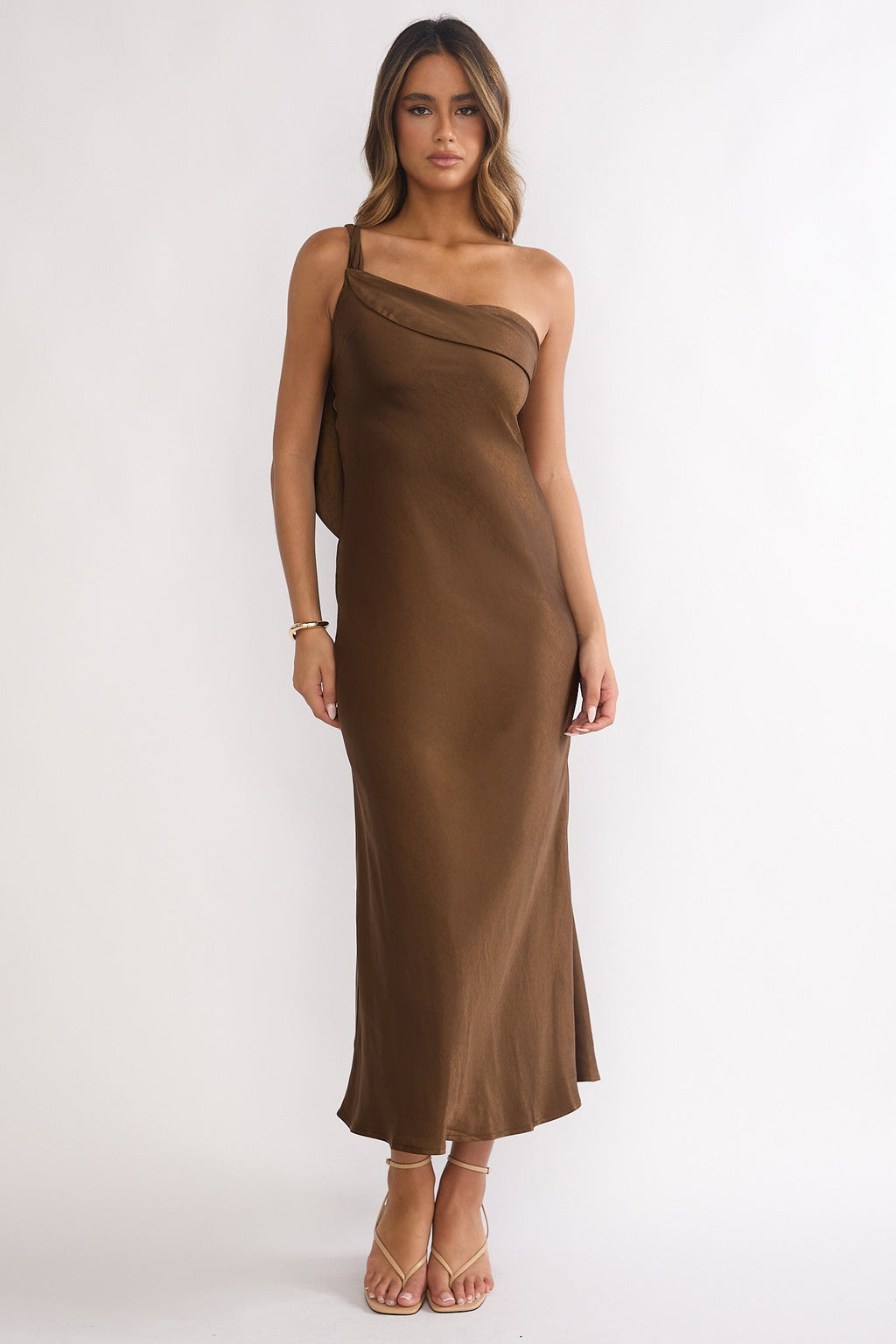 Carmel One-Shoulder Sash Maxi Dress Chocolate