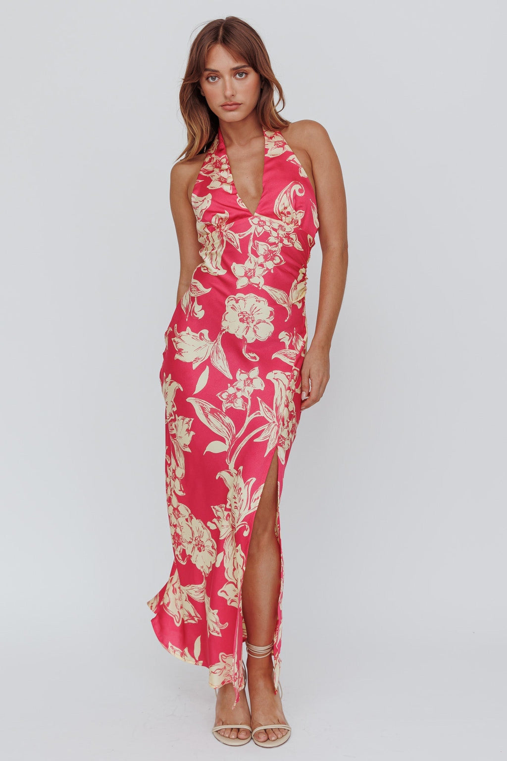 Brighter Days Halterneck Split Midi Dress Fuchsia