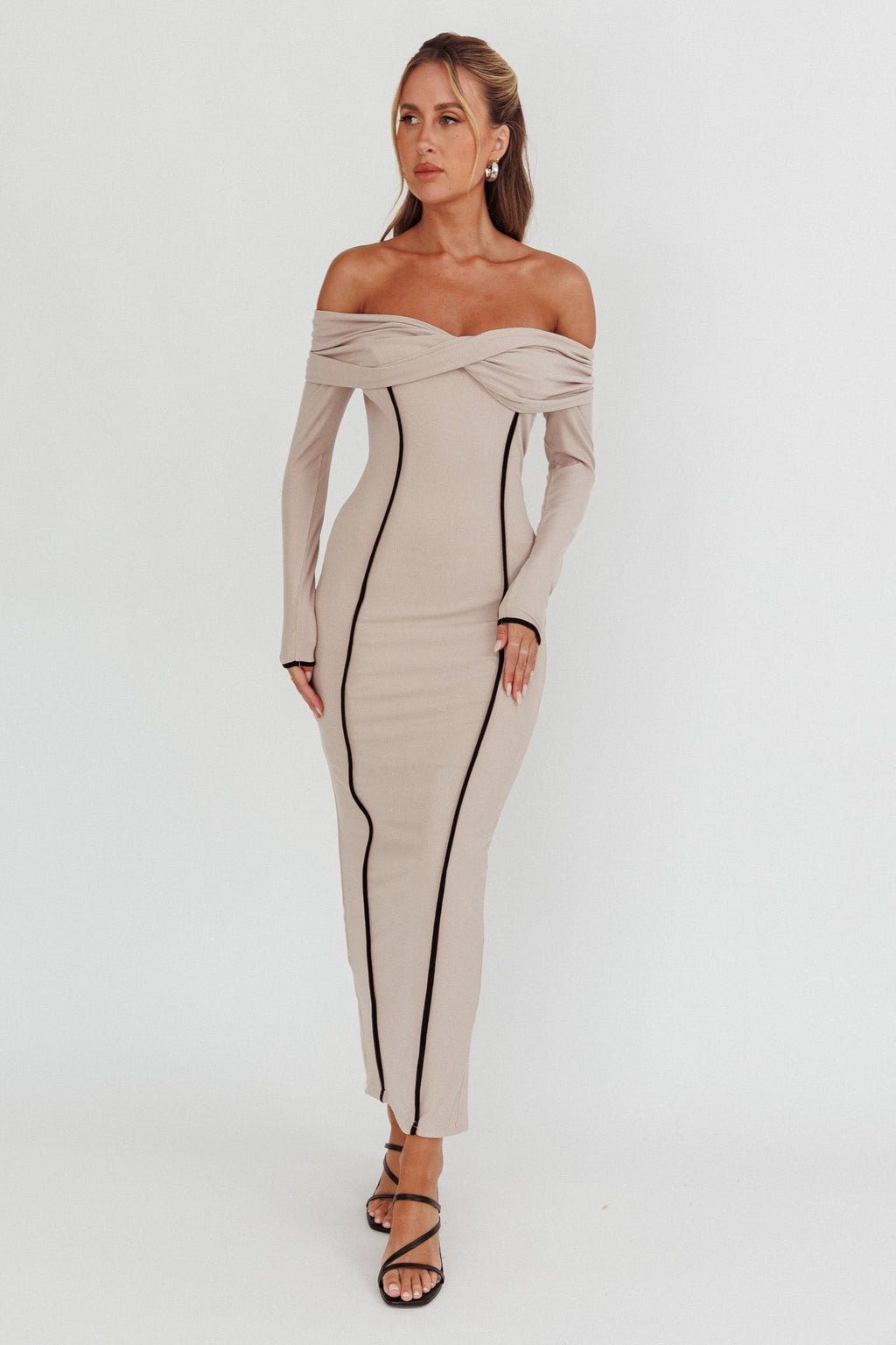 Genesis Off-Shoulder Long Sleeve Maxi Dress Pebble