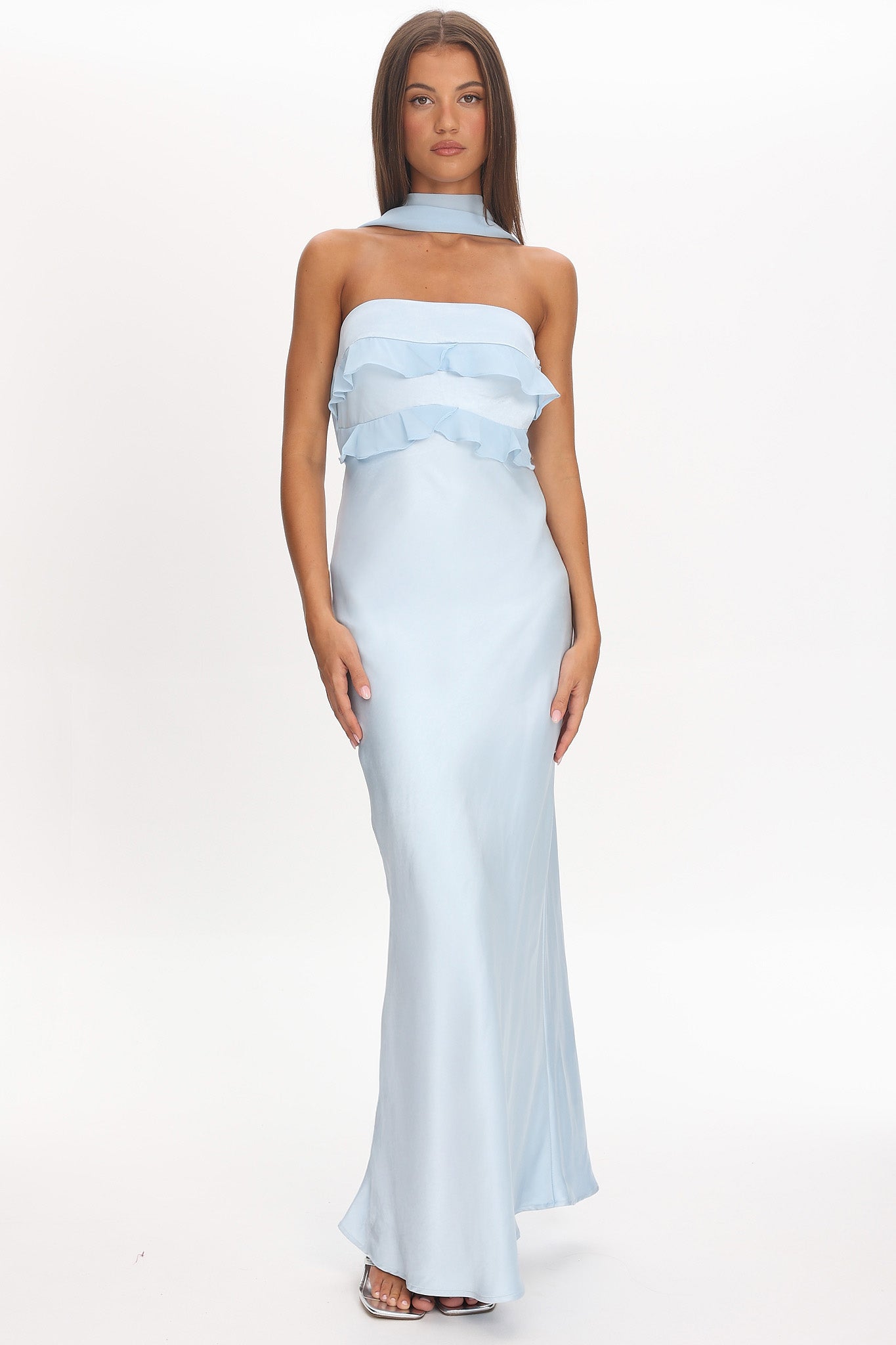 Damsel Reverse Halter Frill Trim Maxi Dress Baby Blue