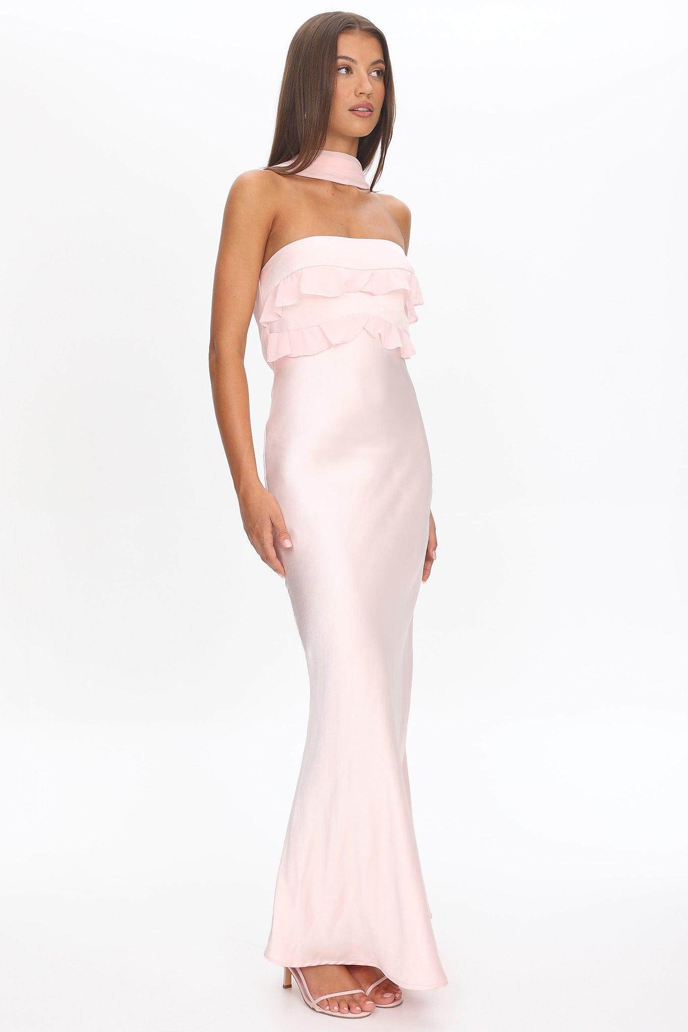 Damsel Reverse Halter Frill Trim Maxi Dress Blush