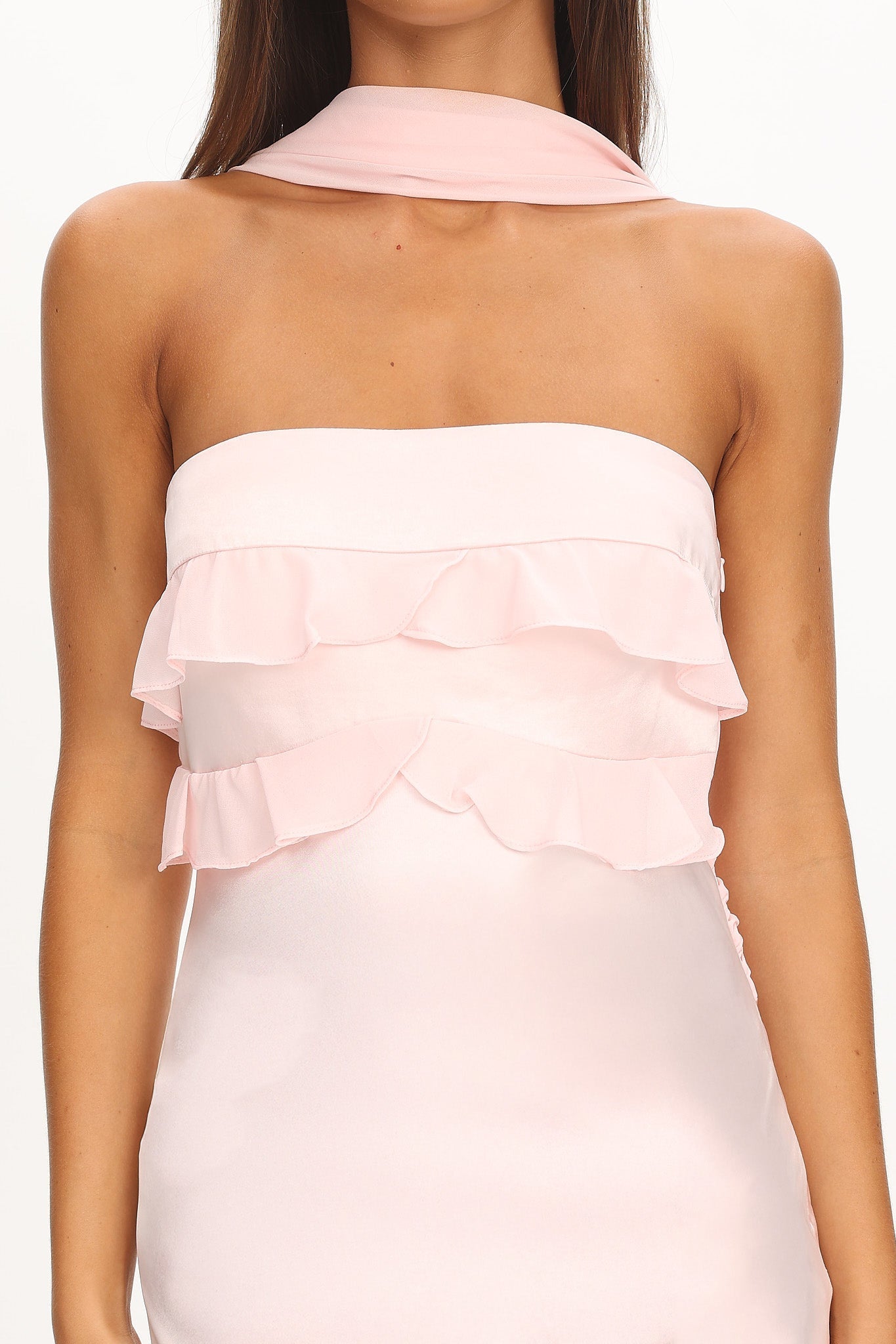 Damsel Reverse Halter Frill Trim Maxi Dress Blush