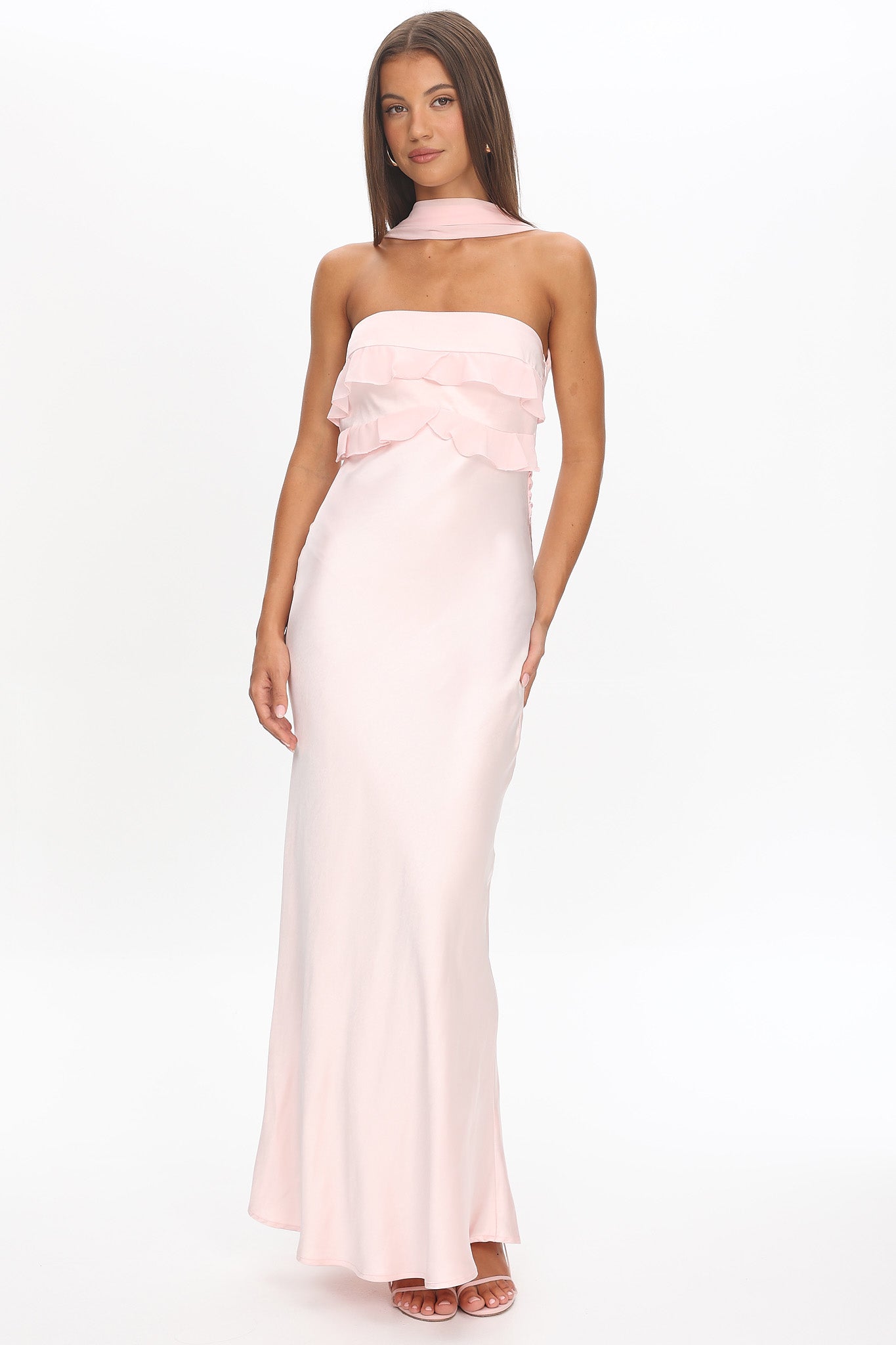 Damsel Reverse Halter Frill Trim Maxi Dress Blush