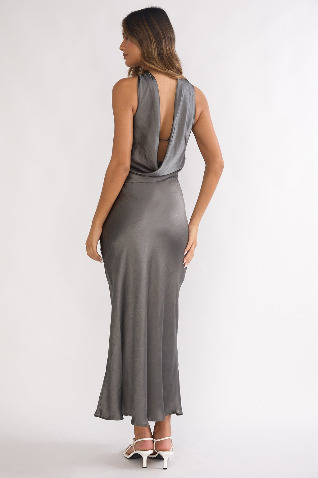 Damsel Reverse Halter Maxi Dress Satin Charcoal