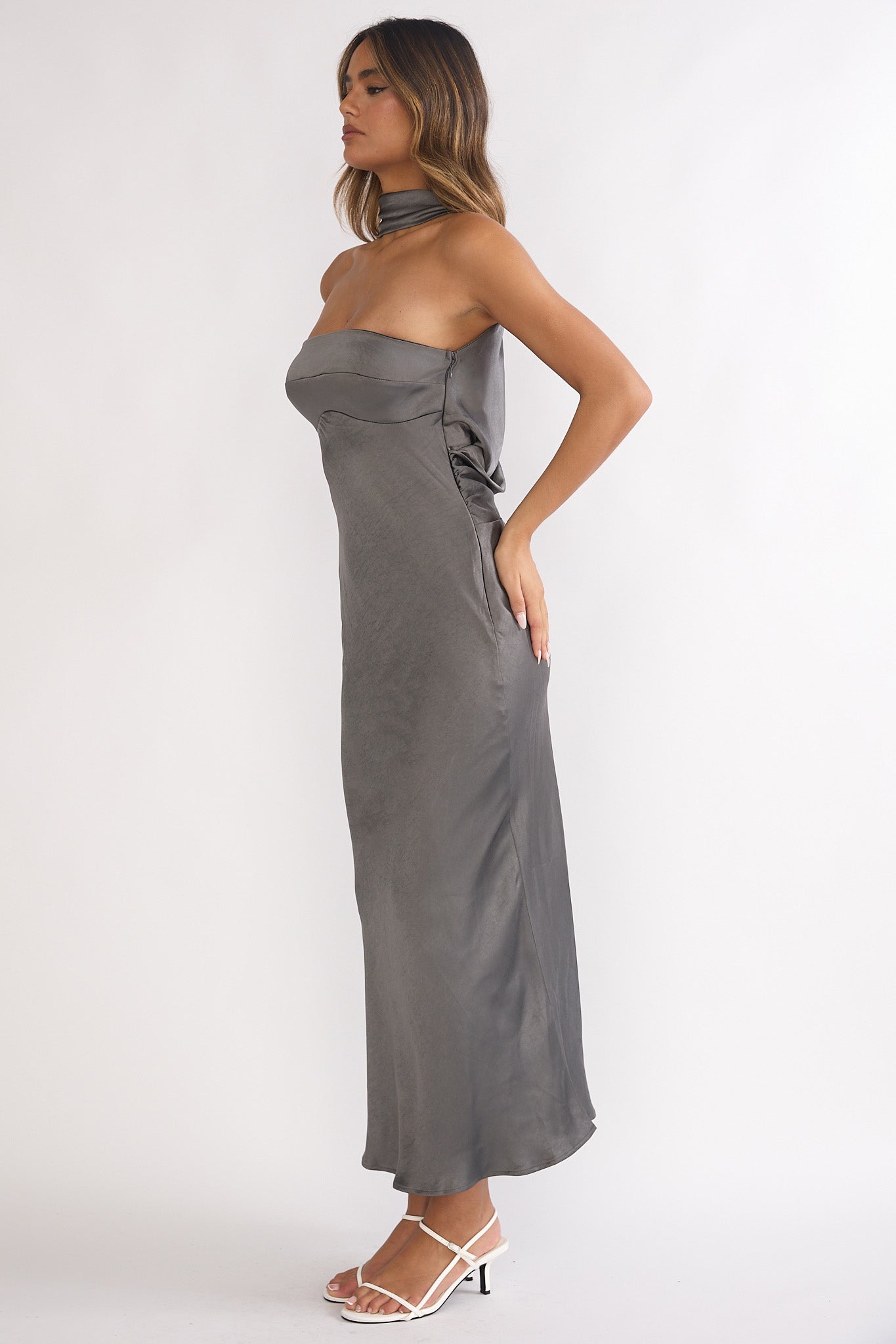 Damsel Reverse Halter Maxi Dress Satin Charcoal
