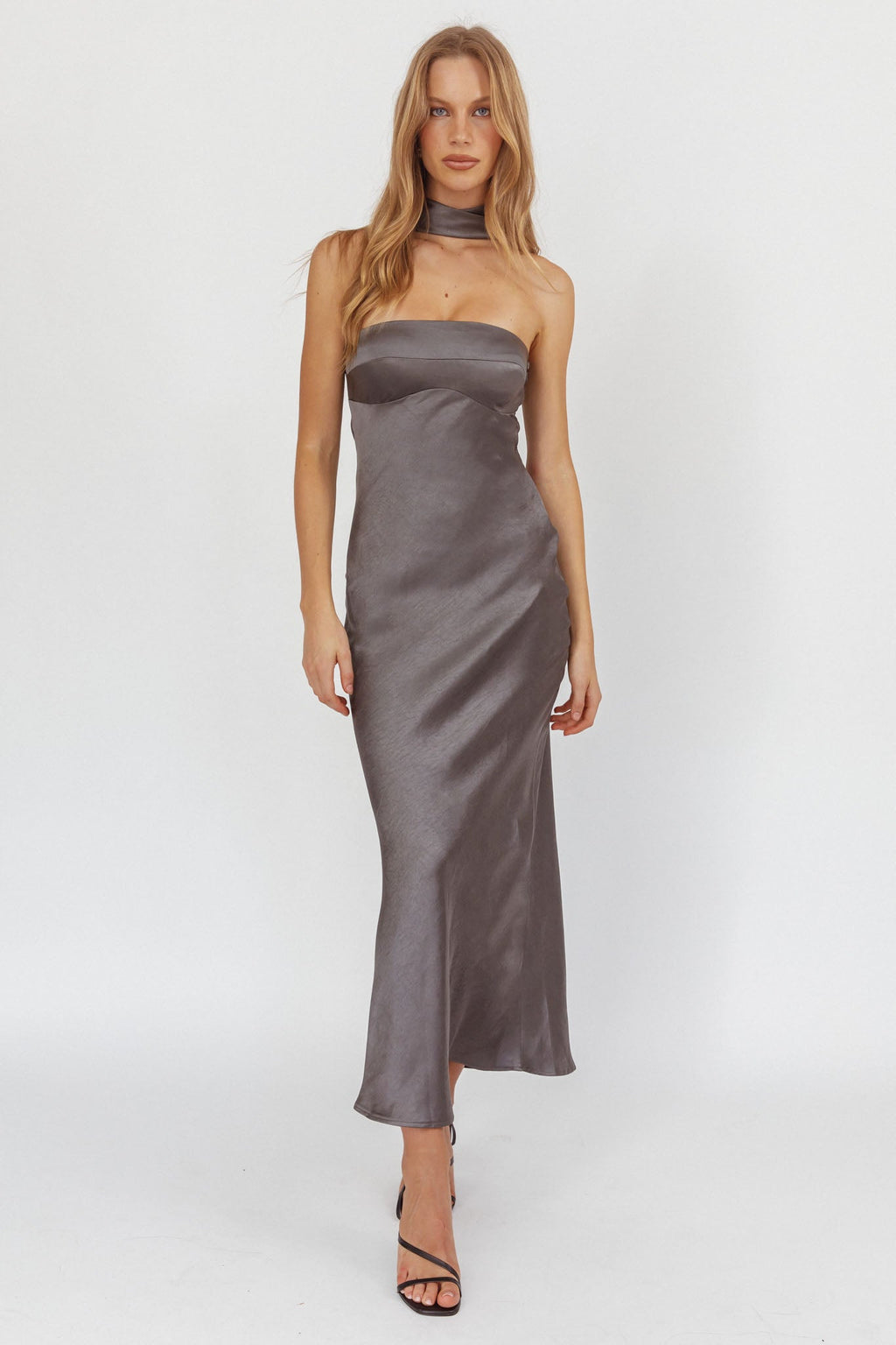 Damsel Reverse Halter Maxi Dress Satin Charcoal