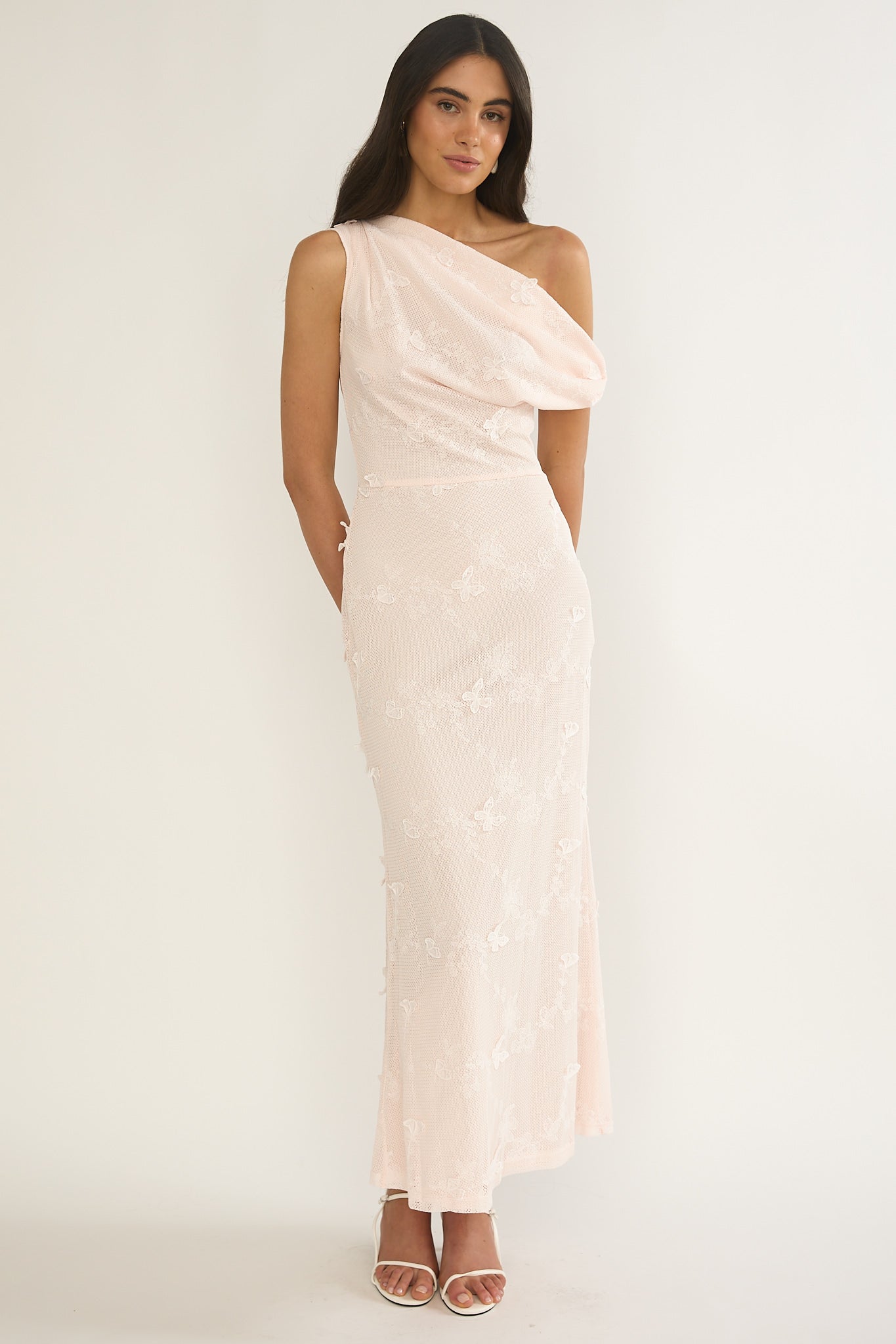 Alivya Asymmetric Neckline Maxi Dress Embellished Pink