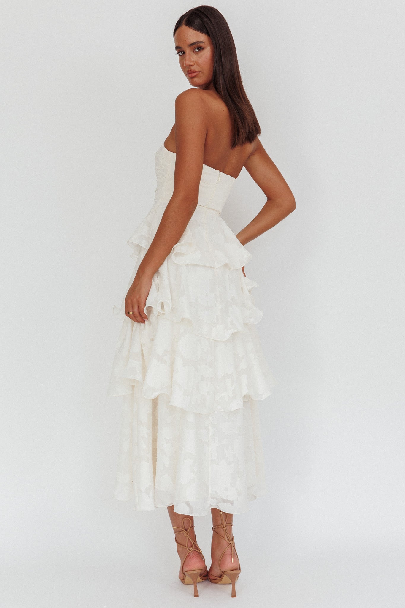Giavana Strapless Layered Midi Dress Floral Embossed Cream