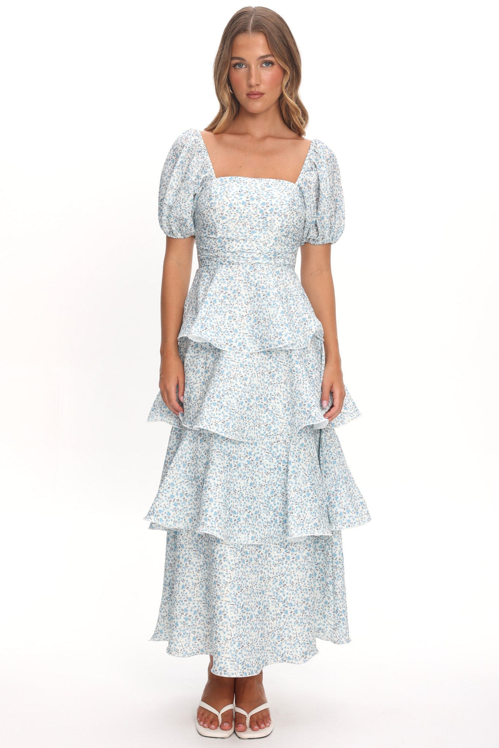 Giavana Puff Sleeve Layered Maxi Dress Floral Blue