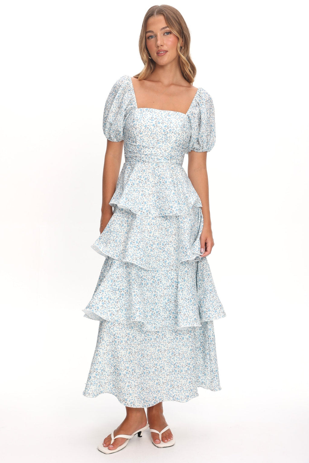 Giavana Puff Sleeve Layered Maxi Dress Floral Blue