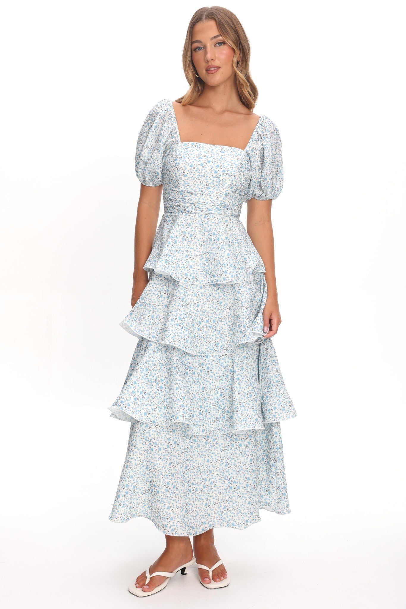 Giavana Puff Sleeve Layered Maxi Dress Floral Blue