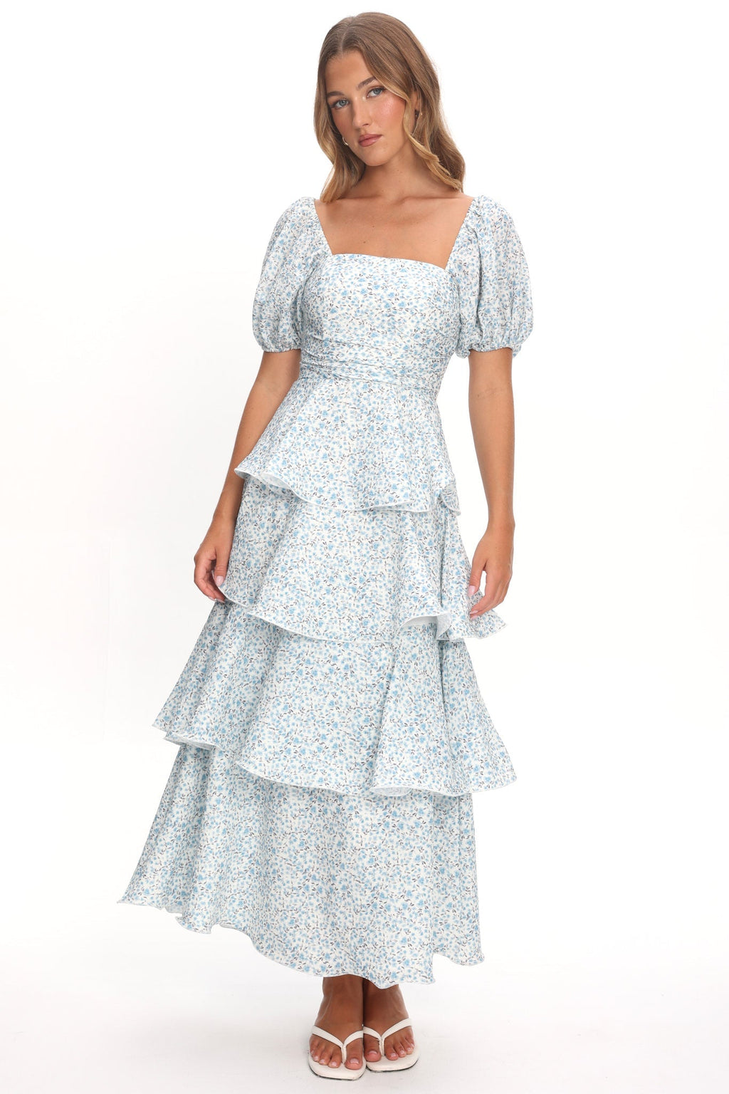 Giavana Puff Sleeve Layered Maxi Dress Floral Blue