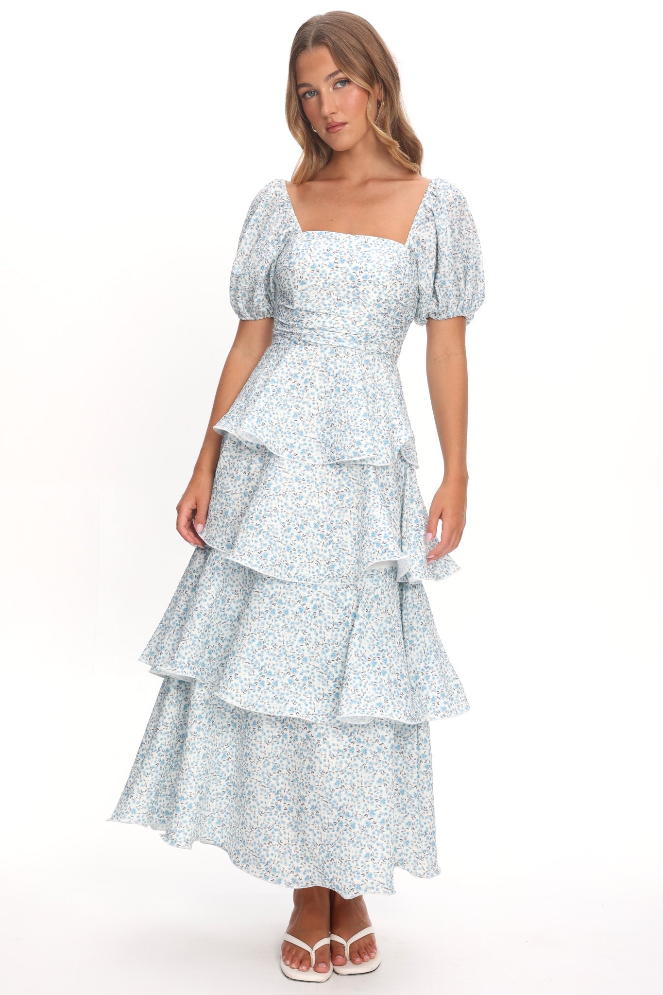 Giavana Puff Sleeve Layered Maxi Dress Floral Blue
