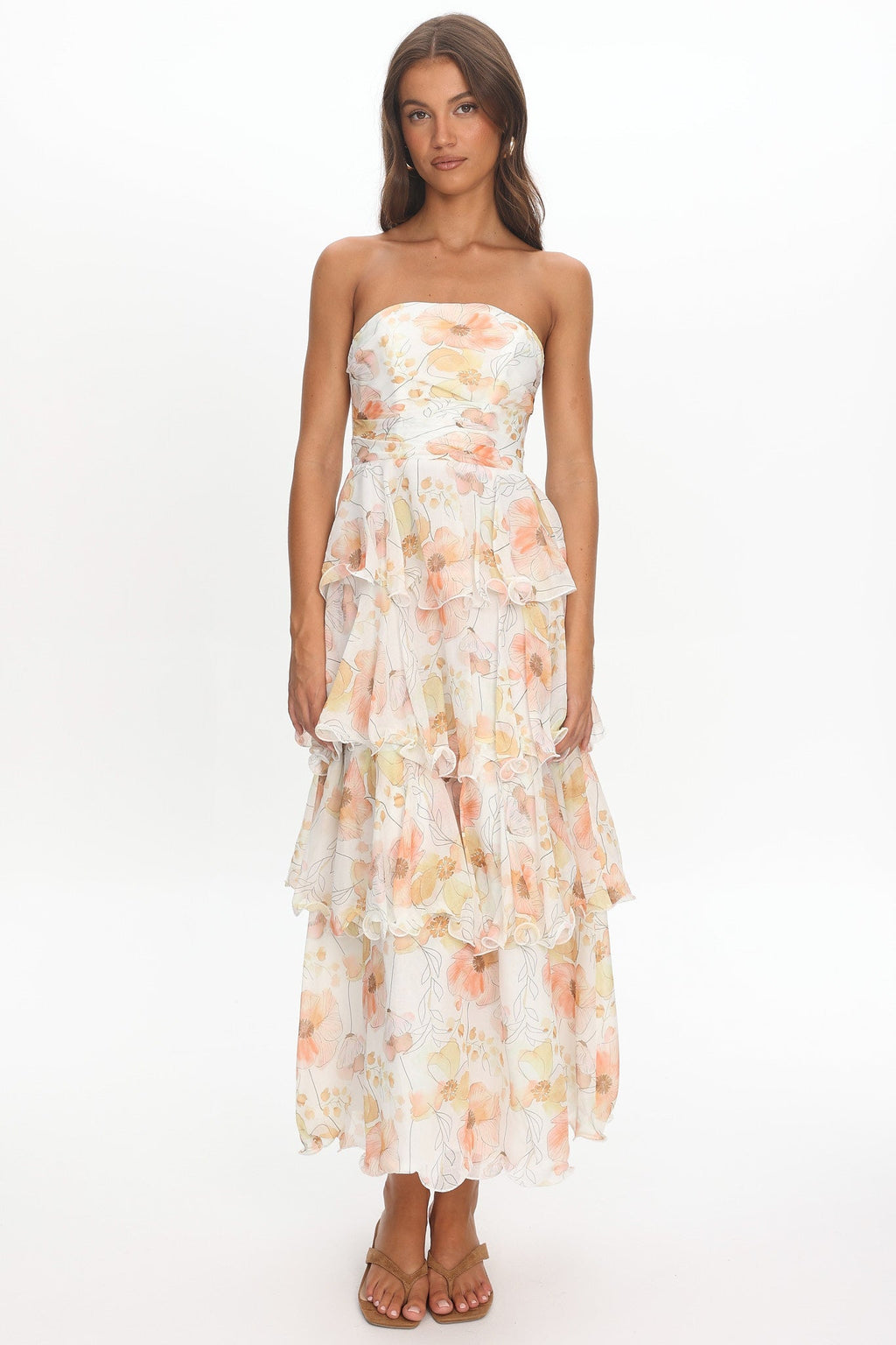 Giavana Strapless Layered Midi Dress Floral Beige