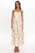 Giavana Strapless Layered Midi Dress Floral Beige