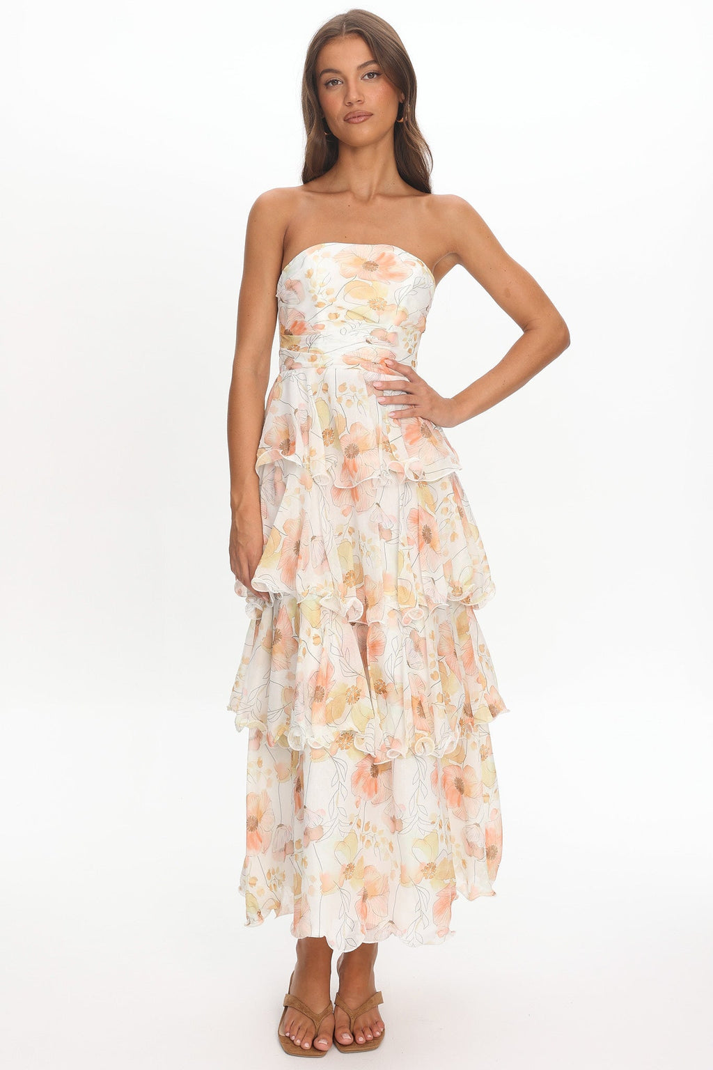 Giavana Strapless Layered Midi Dress Floral Beige