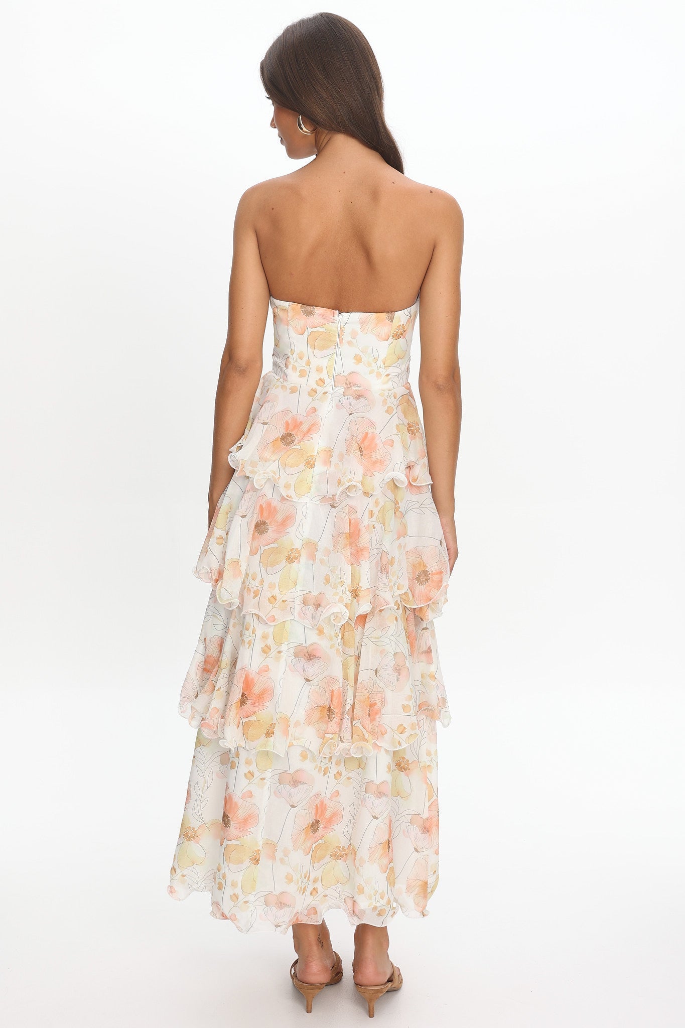 Giavana Strapless Layered Midi Dress Floral Beige