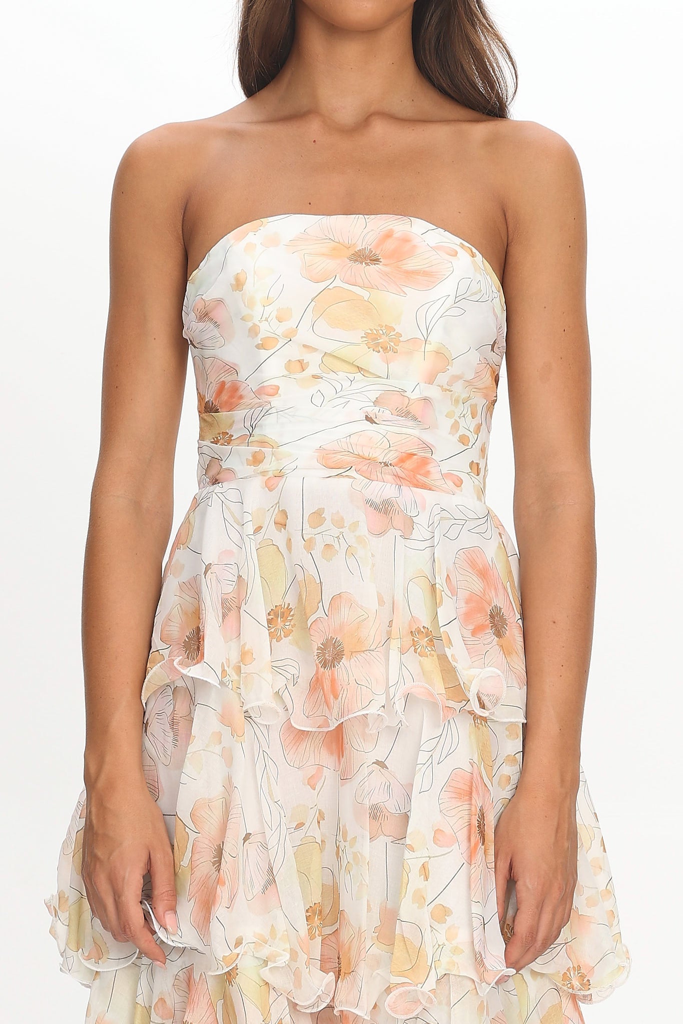 Giavana Strapless Layered Midi Dress Floral Beige