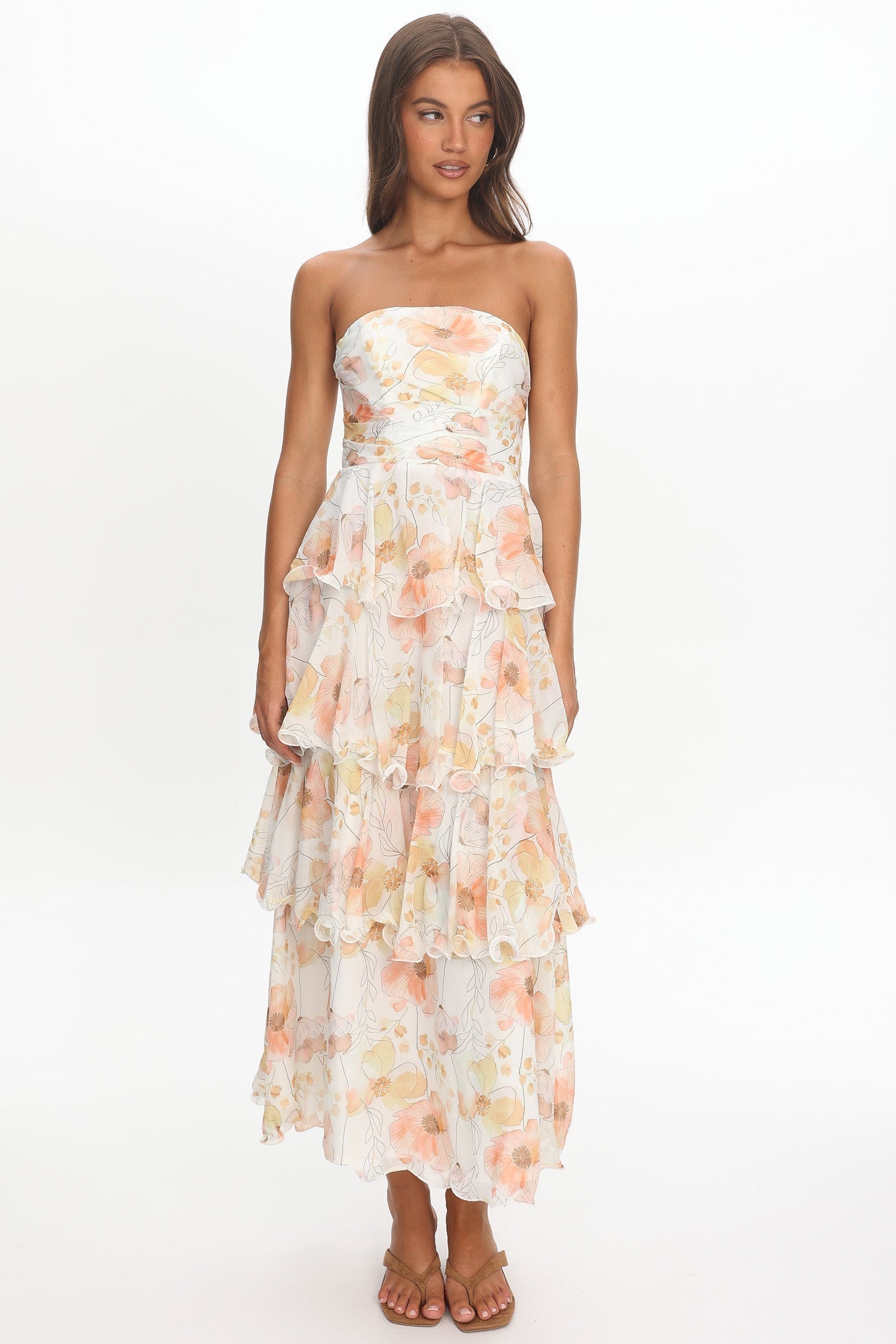 Giavana Strapless Layered Midi Dress Floral Beige